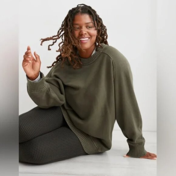 aerie Tops - Aerie Down To Earth Crew Sweatshirt Olive Green Oversized Ribbed Small Medium L